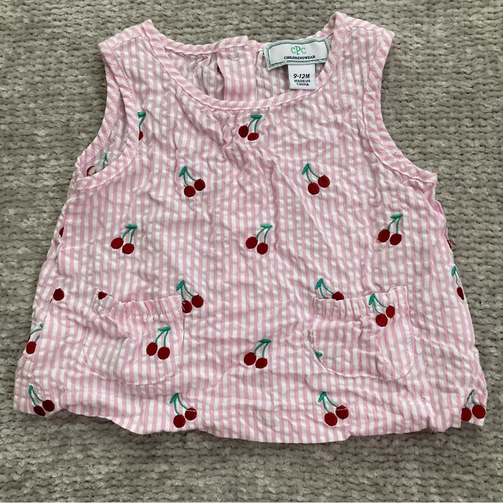 CPC‎ Childrenswear Cherry Embroidered Pink Seersucker Top 9–12M Summer Preppy